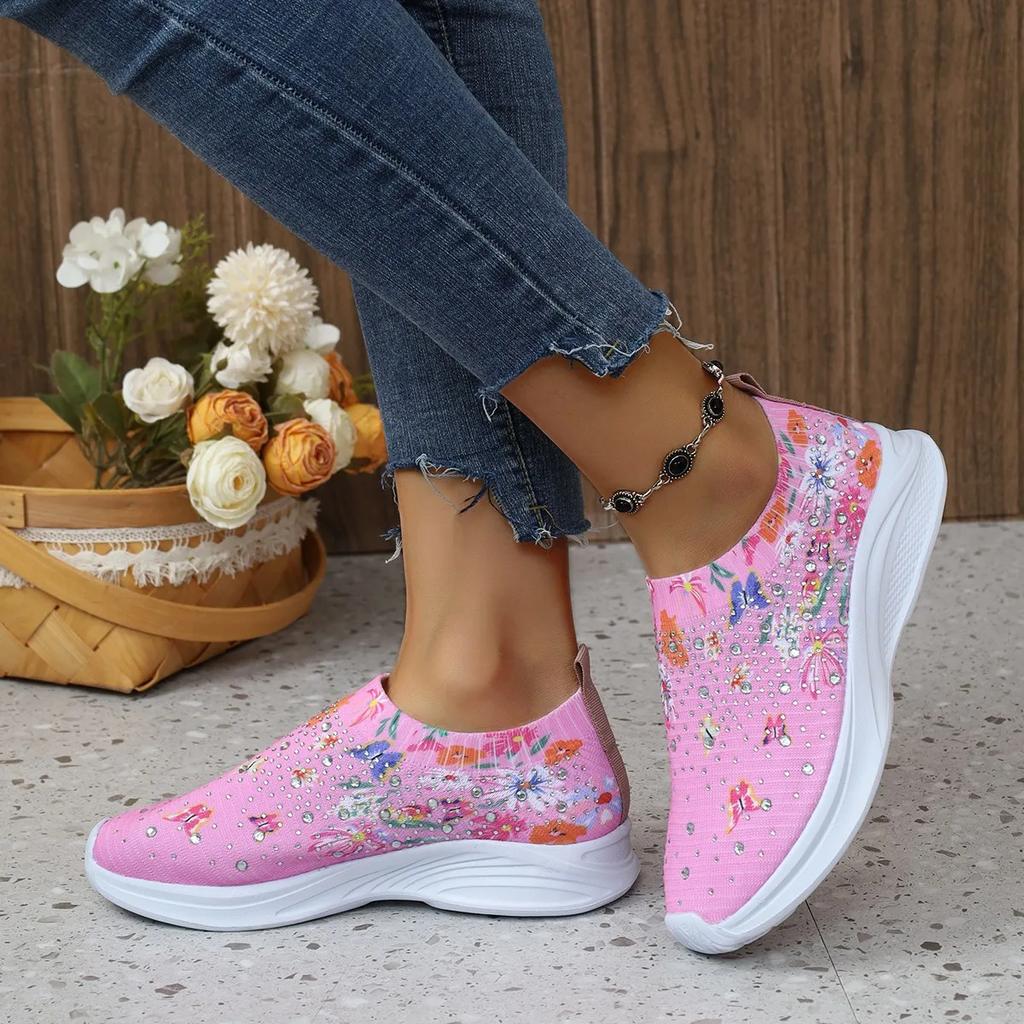Fashion Print Flower Shoes Women Causal Sneakers Slip On Mesh Flats Autumn Platform Shoes Leather Cashmere Single Shoes Plus Size 43