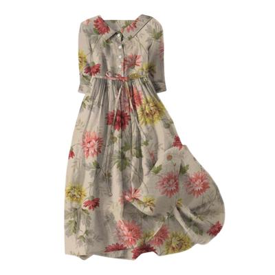 Женское летнее платье с отложным воротником, цветочным принтом, длинными рукавами, А-силуэта, плиссированное, с высокой талией