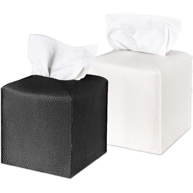Tissue Box Cover, 2 Pack Beige & White Square PU Leather Tissue Box Holder Decrative Tissue Cube Organizer for Tabletop, Bathroom, Car, Office