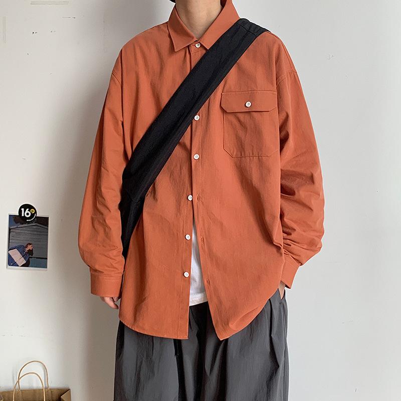Mens Loose Solid Color Stand Collar Long Sleeve Casual Shirt Outerwear