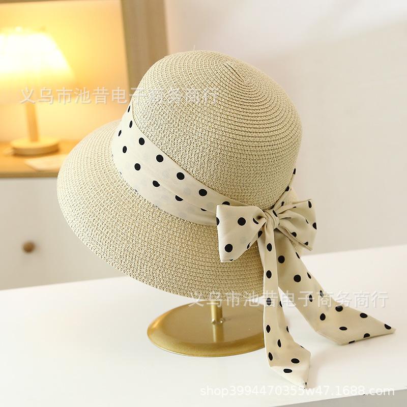 French elegant polka dot sunshade Hepburn women's summer streamer seaside outing versatile straw hat summer wide brim sun protection hat