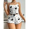 Черный пижамный комплект с принтом в виде сердца для женщин, нижнее белье, одежда для сна, повседневный укороченный топ с круглым вырезом и открытой спиной, комплект с шортами, домашняя одежда