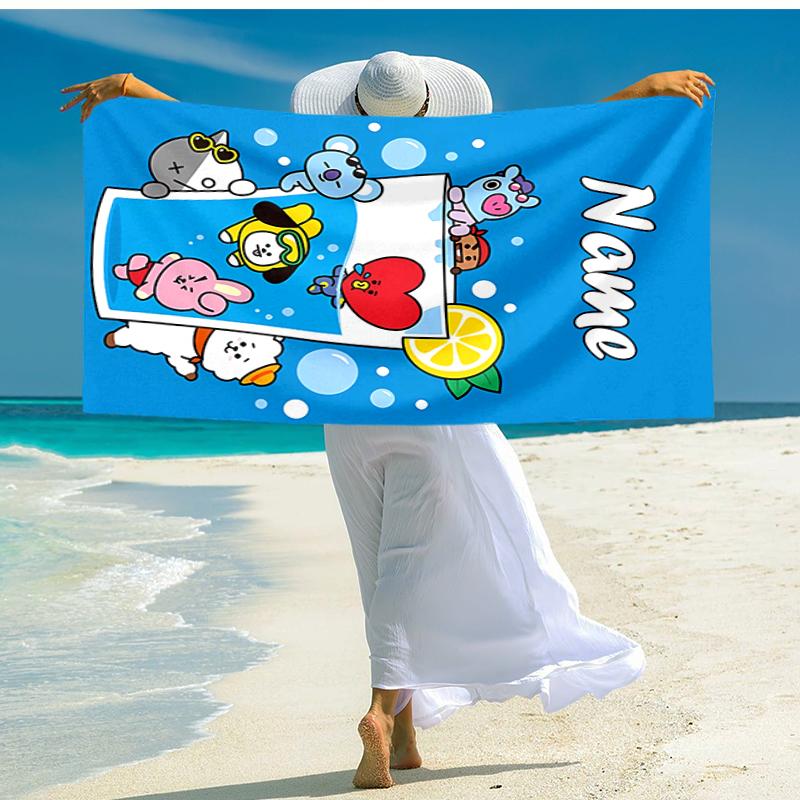 Personalized customized proof beach towel with BT21 logo pattern - soft, absorbent, quick-drying, perfect swimming, camping&bathing
