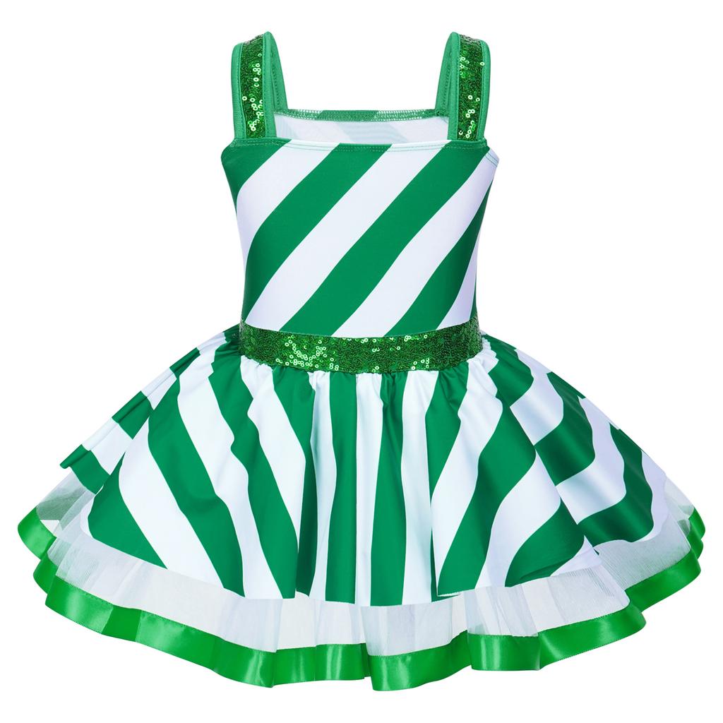 Girls Christmas Dance Costume Sleeveless Shiny Sequins Striped Figure Ice Skating Roller Skating Leotard Dress