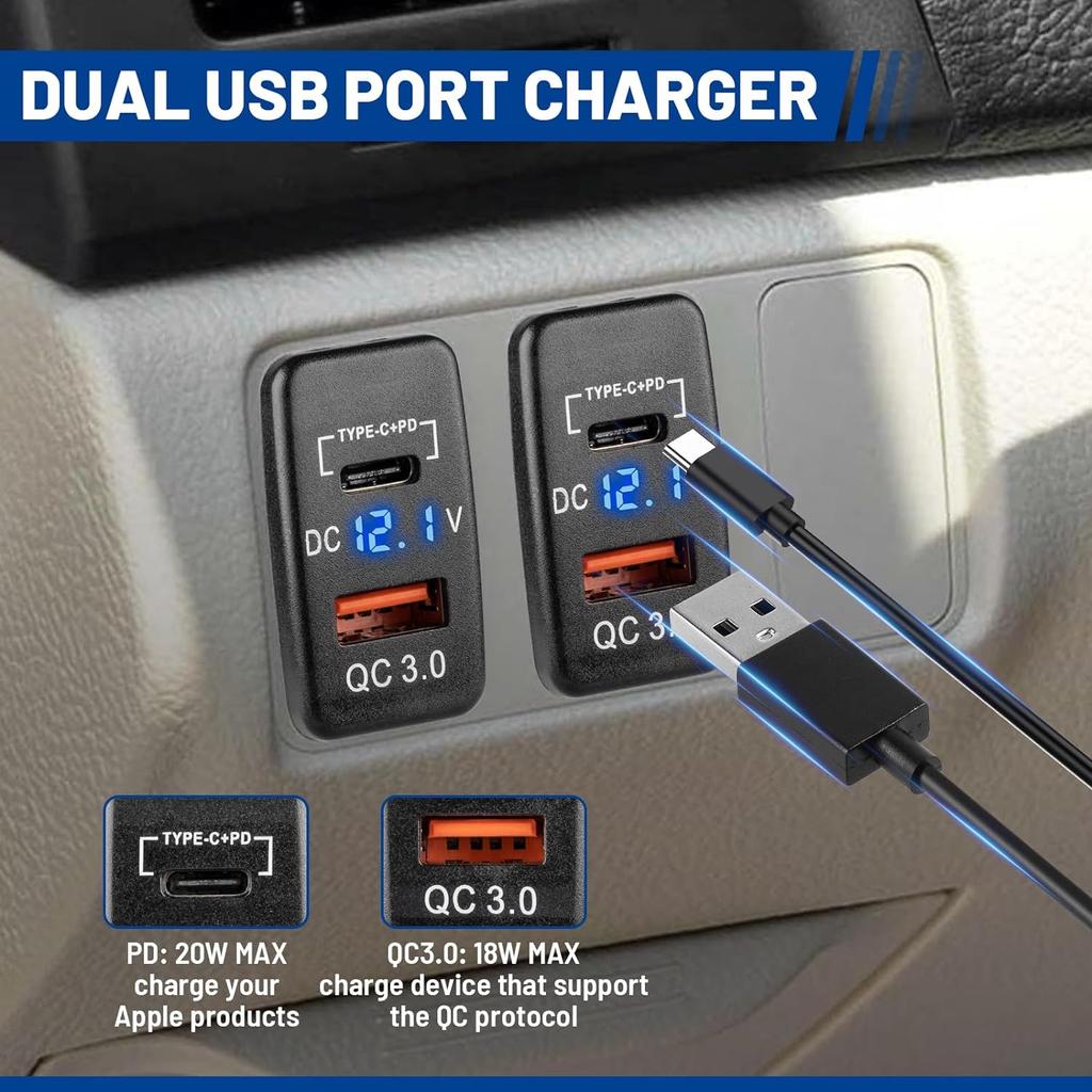 Для Toyota Dual USB C Port PD Quick Charge 3.0 Автомобильное зарядное устройство с цифровым синим светодиодным вольтметром для Toyota Tundra 2005-2006 4Runner 2003-2009