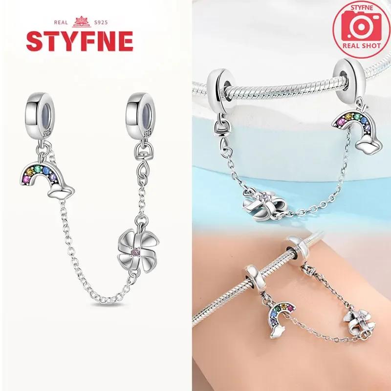 Real Silver 925 Star and Moon Flower Heart Safety Chain Wearable Jewelry Gift Bracelet DIY Beads for Women