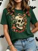 Women's Fashionable Casual Short-Sleeve Halloween T-Shirt with Spooky Skull Print and Round Neckline Perfect for Holiday Parties