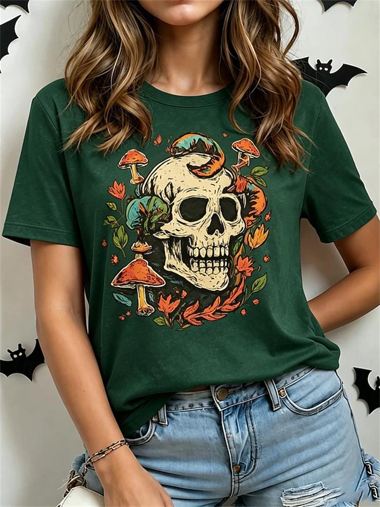 Women's Fashionable Casual Short-Sleeve Halloween T-Shirt with Spooky Skull Print and Round Neckline Perfect for Holiday Parties