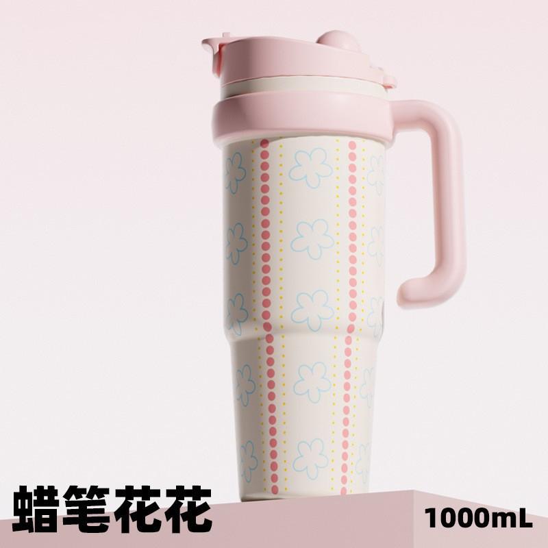 1000ml Stainless Steel Insulated Tumbler With Straw Women Large Capacity Vacuum Cup Cute Cartoon Design Office Travel Gym