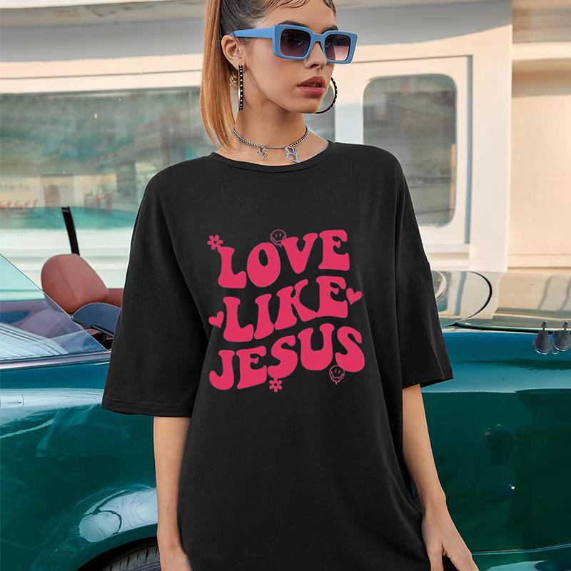 LOVE LIKE JESUS ​​Красочная футболка большого размера, христианская модная летняя забавная свободная футболка, женская модная повседневная эстетичная футболка
