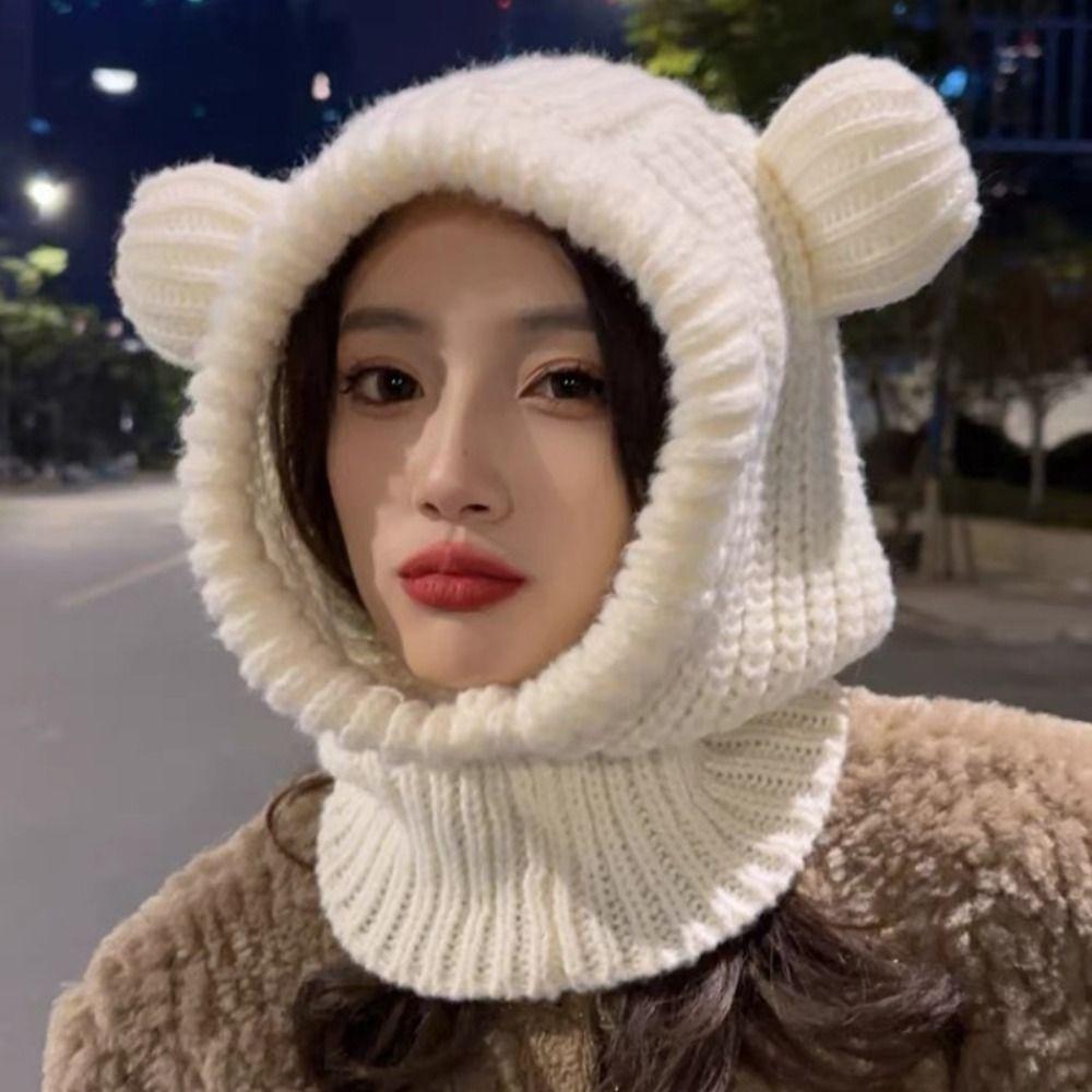 Korean Style Knit Hooded Beanie Hat Solid Color Winter Pullover Helmet Cap Women