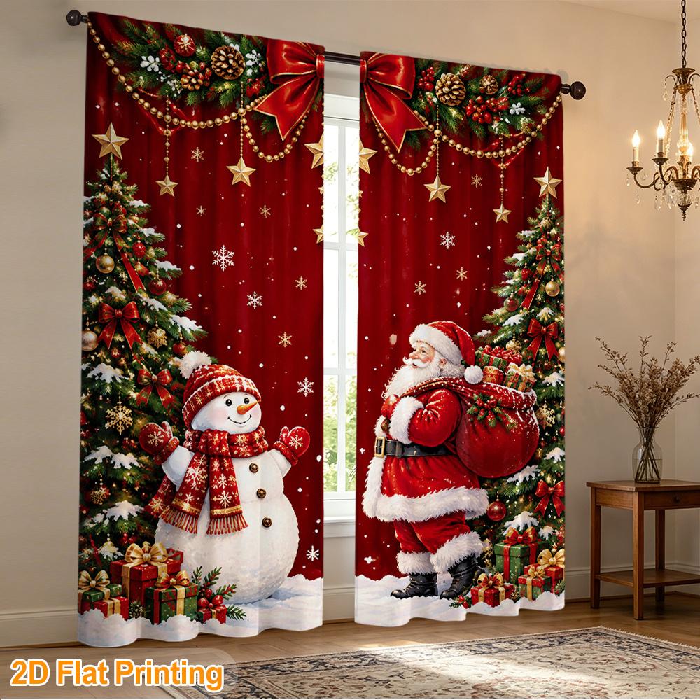 2pcs Santa Snowman Christmas Trees Print Polyester Curtain, Modern Window Drapes for Privacy and Light Control, Kitchen Bedroom Apartment Use Curtain