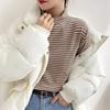 Женский полосатый велюровый пуловер со средней горловиной - Осенне-зимняя теплая приталенная рубашка с длинным рукавом