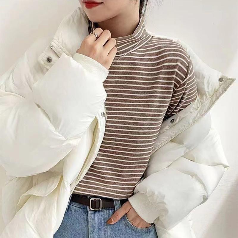 Женский полосатый велюровый пуловер со средней горловиной - Осенне-зимняя теплая приталенная рубашка с длинным рукавом