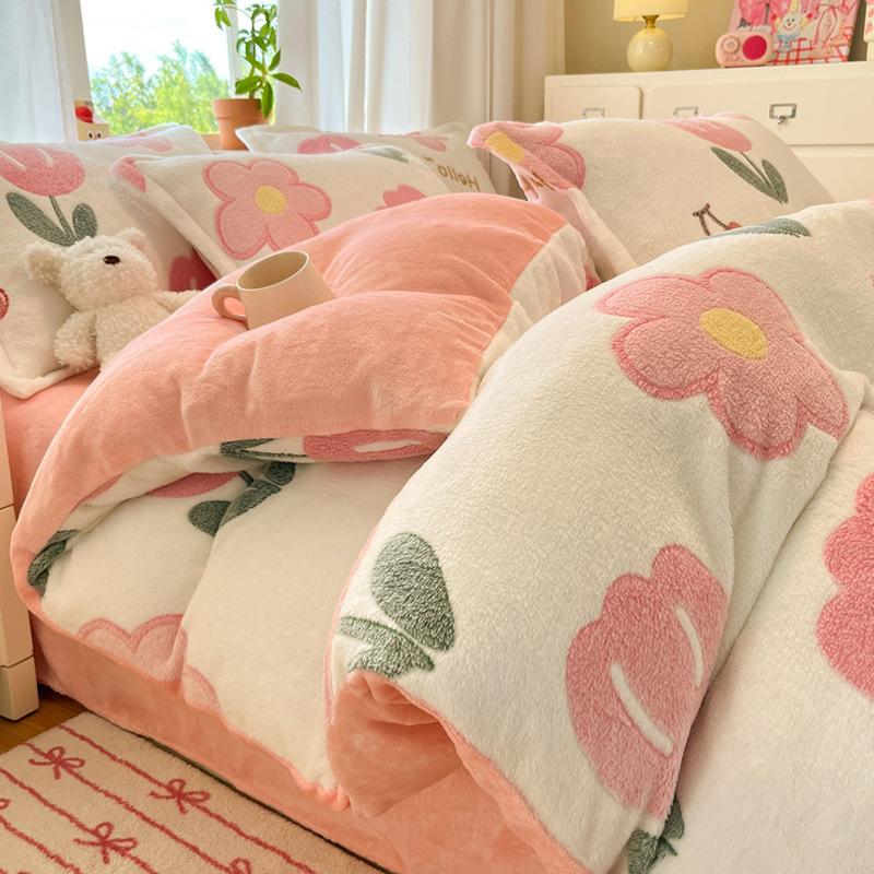 Snowflake Fleece Four-Piece Set, Thickened Milk Coral Fleece Quilt Cover, Double-Sided Fleece Quilt Cover, Bed Sheet, Bed Hat Three-Piece Set