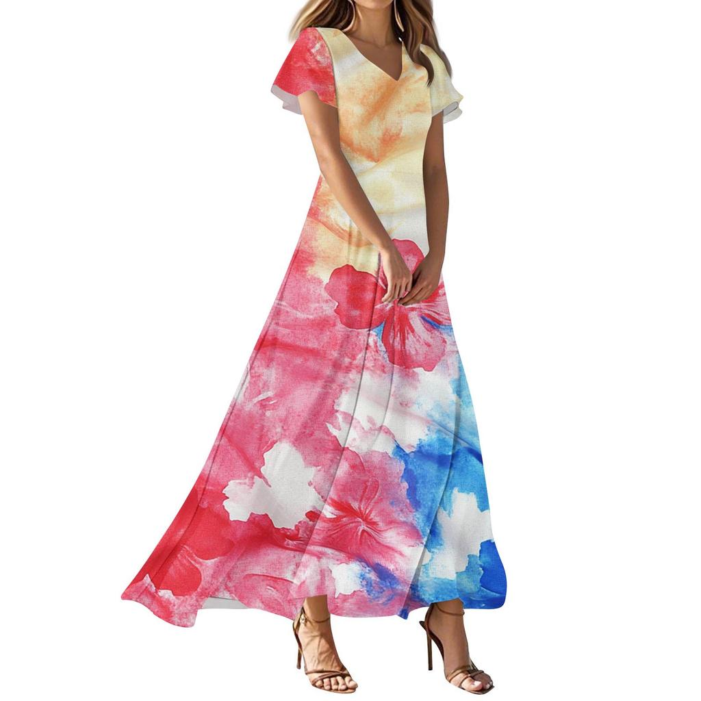 Женские повседневные модные платья с принтом ко Дню независимости, платья с коротким рукавом и V-образным вырезом