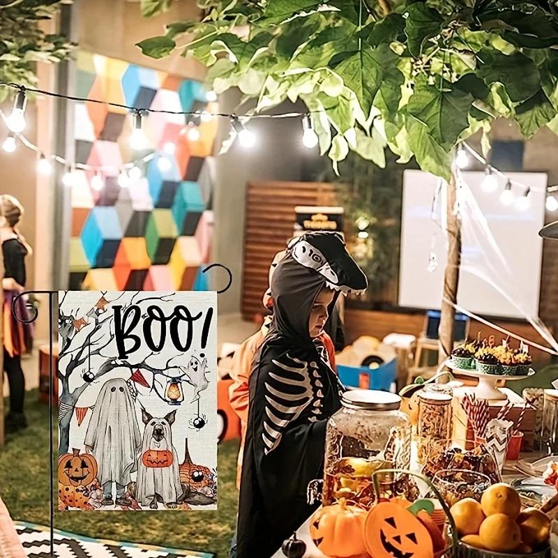 1pc Halloween Ghost Boo Garden Flag Burlap Welcome Seasonal Holiday Yard Outside No Flag Pole 12X18 Inch