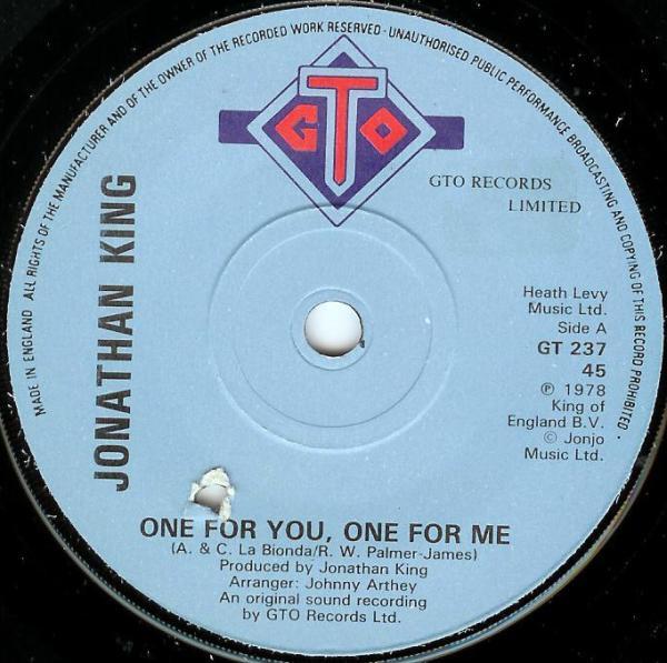 7-дюймовая пластинка JONATHAN KING - One For You, One For Me / Cryin' Ag GT237 GTO 1978 UK Поп Б/У