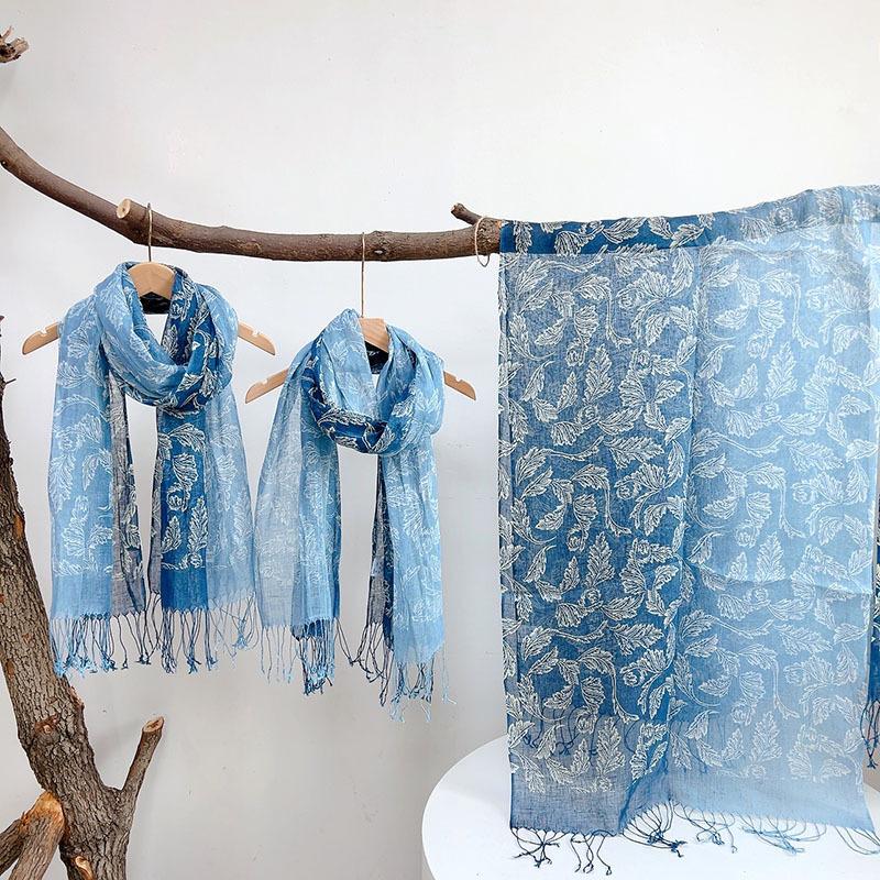 Printing Gradual Change Color Linen Batik Scarf Blue Versatile Ethnic Style Retro Silk Scarf Thin Light Breathable Yarn