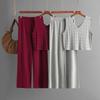 Summer Fashion Suit Collar Hollow Knitted Vest Top + Casual Wide-leg Pants Two-piece Set