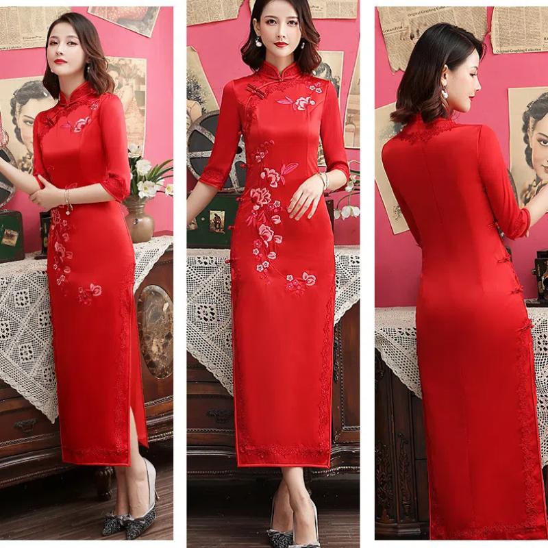 Современное платье-чеонгсам большого размера с вышивкой из шелка и винтажным шанхайским воротником, облегающее