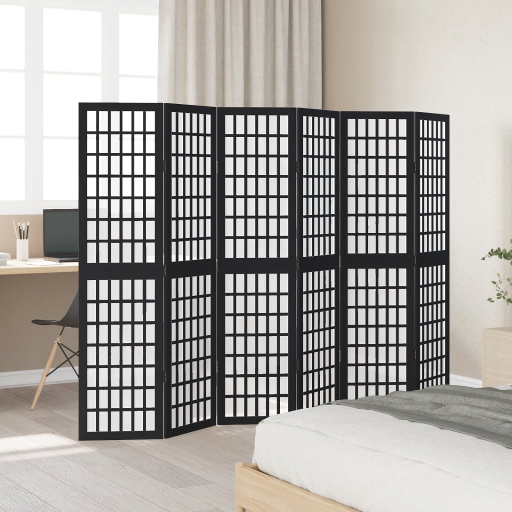6 Piece Black Folding Screen Solid Paulownia Wood
