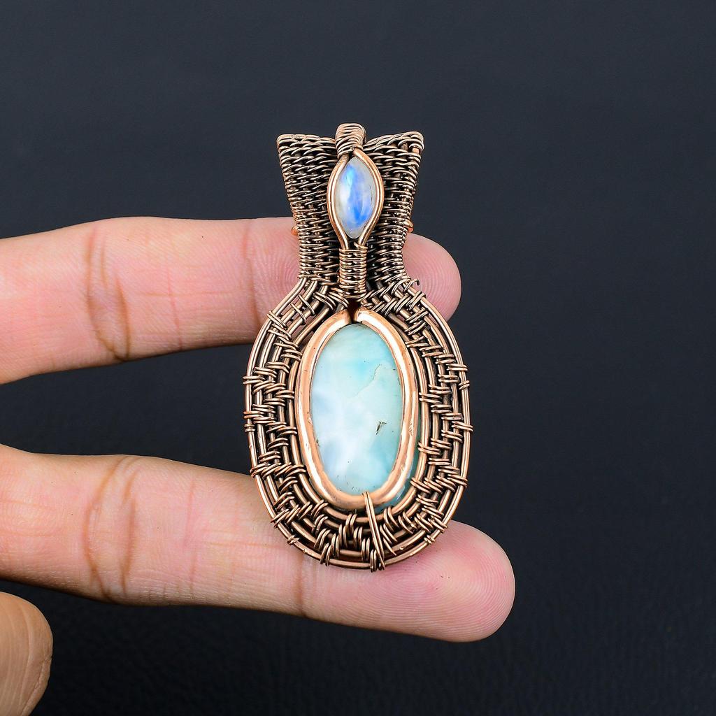 Larimar & Moonstone Gemstone Handmade Pure Copper Wire Wrap Jewelry Pendant For Women