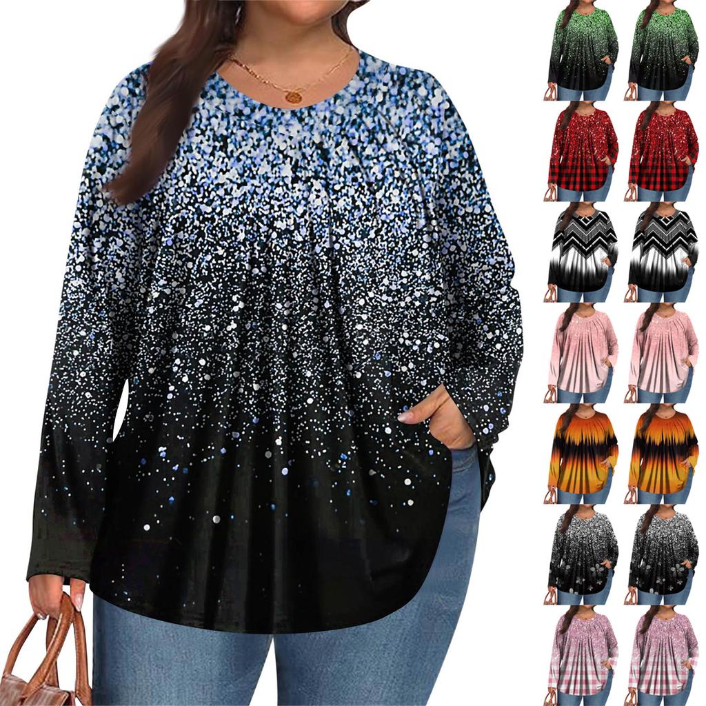 Women's Plus Size Fashion Printed Casual Pleated Round Neck Long Sleeve Top