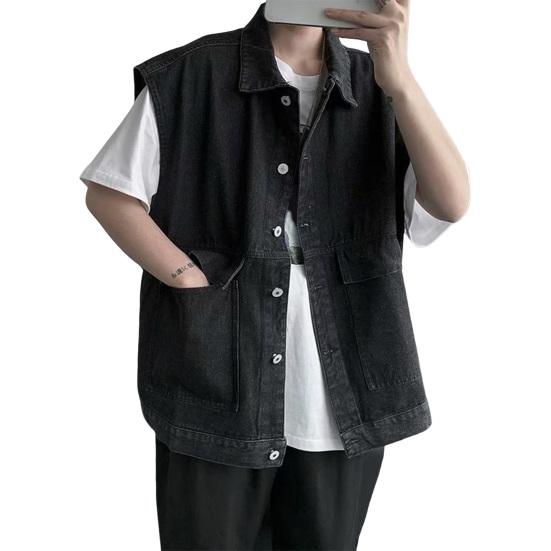 Мужской летний джинсовый жилет, однобортный джинсовый жилет без рукавов с лацканами, однобортный дизайн с большими карманами, потертый жилет-карго