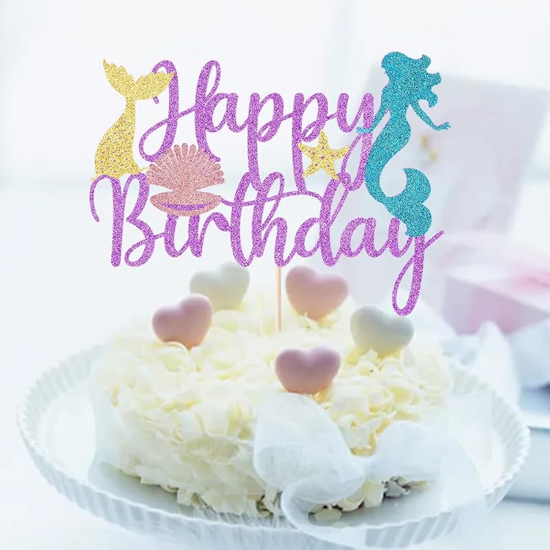 Mermaid Happy Birthday Cake Topper - Glitter Mermaid Under The Sea Theme Cake Topper, Baby Shower Gender Reveal Party, Boys and Girls Birthday Party