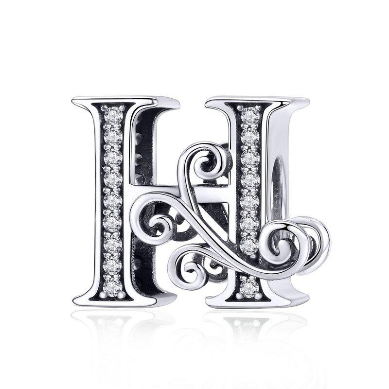 Bamoer Authentic 925 Sterling Silver Vintage Letter A To Z Zircon Bead Charms Fit Original Charm Bracelets DIY Jewelry