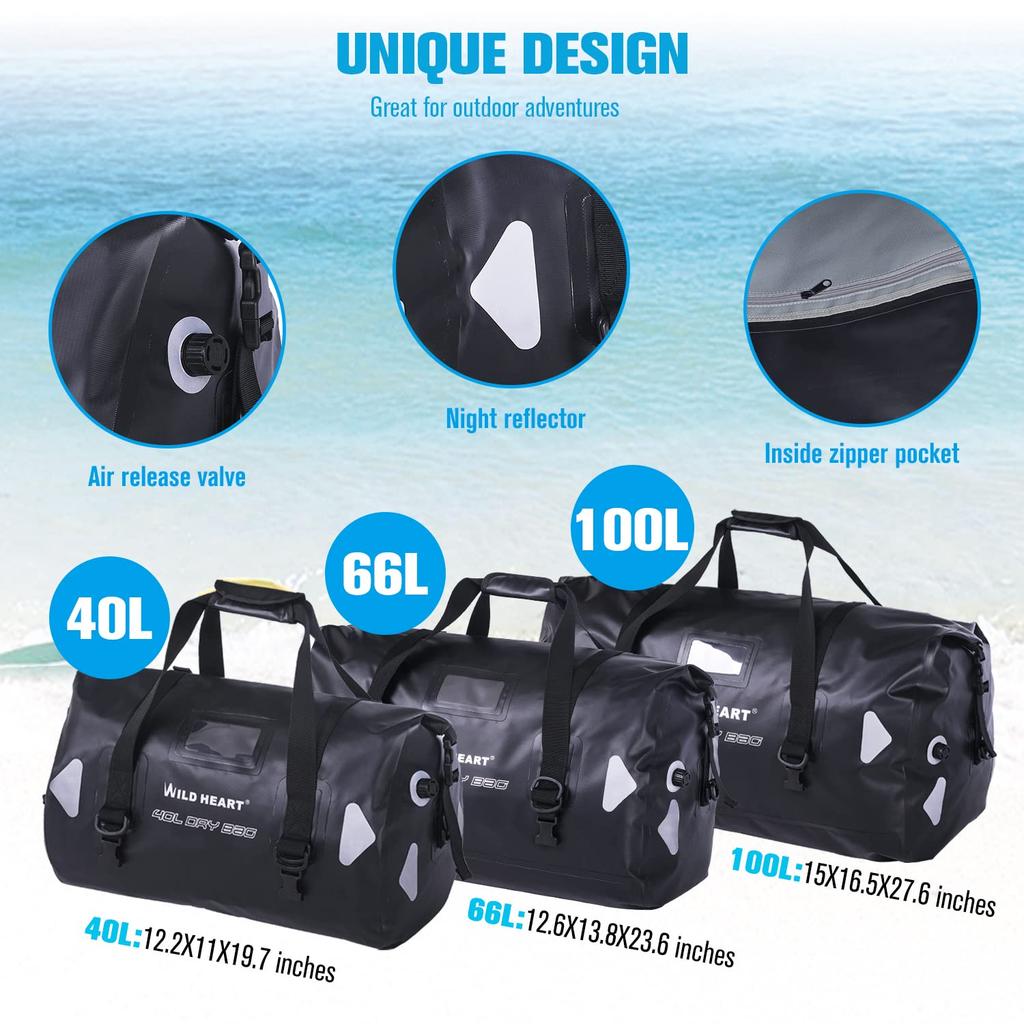 WILD HEART Waterproof Duffel 40 L (IPX6, with Shoulder Strap & Tie-Downs) for Touring/Camping