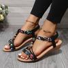 2025 Fashion Sandals Women's Bohemian Style Metal Color Blocked Tight Strap Open Toed Beach Shoes Loose