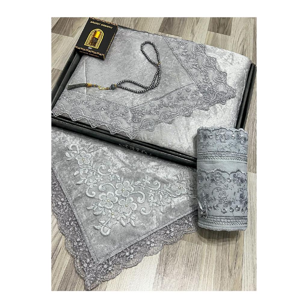 5 Piece Prayer Mat Set, Dowry Bundle Boxed, Velvet Laced Bride And Groom Set