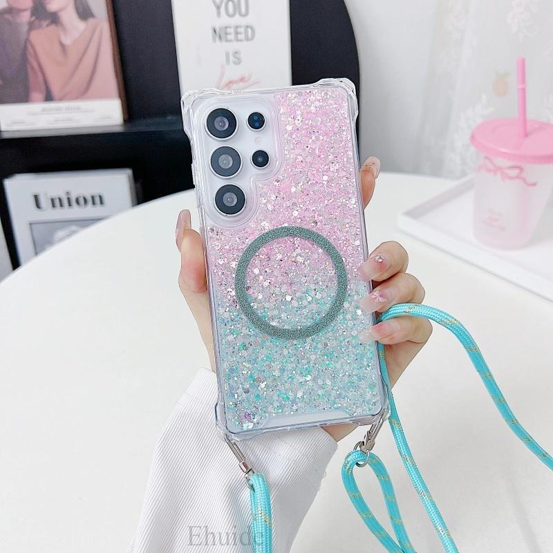 Glitter Case For Samsung Galaxy S25 Ultra S24 FE S23 Plus S22 A56 A36 A16 Magnetic Lanyard Four Corners Shockproof Strap Cover