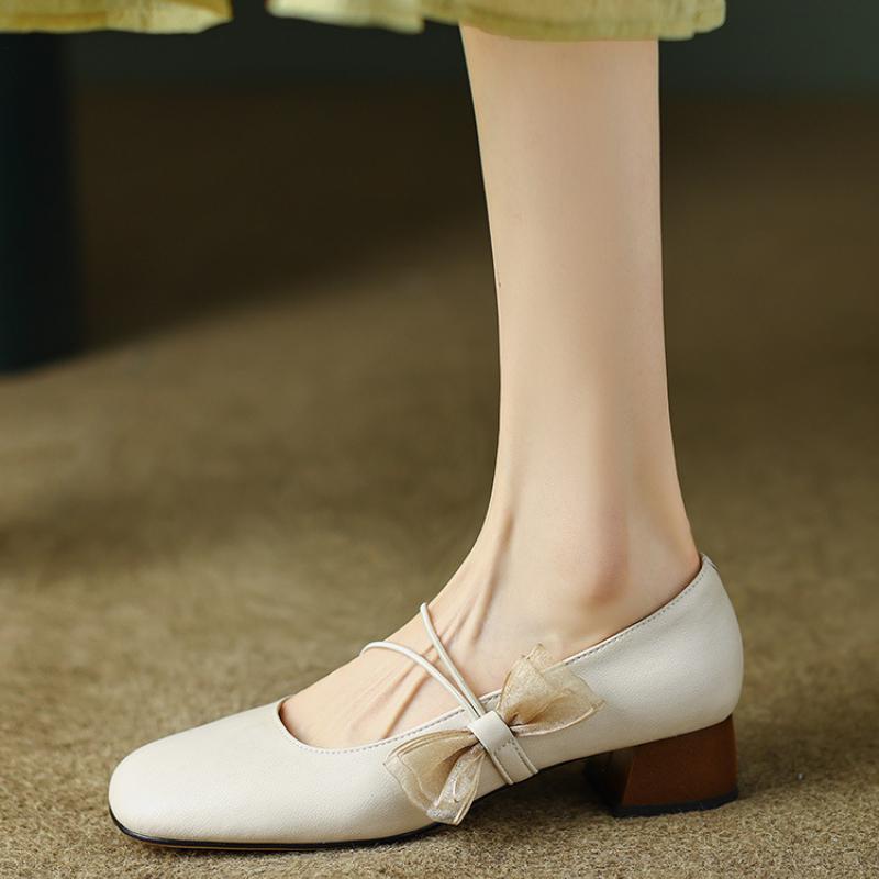 2024 Осенние ретро-туфли Мэри Джейн с завязками-бабочками, женские туфли на толстом каблуке с круглым носком, повседневные элегантные туфли-лоферы с неглубокой подошвой для женщин