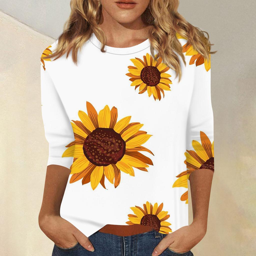 Round Neck 3D Printed Sunflower Pattern Top Fashionable Casual Long Sleeved Women's T-shirts