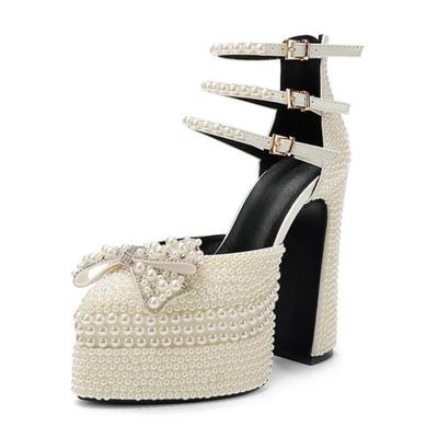 Модные сандалии на платформе с жемчугом, женские сандалии с открытым носком и ремешком на щиколотке, с бантом-бабочкой, лолита, блочный высокий каблук, сандалии, женские элегантные туфли для свадьбы или вечеринки