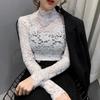Spring Half High Collar Slim Long Sleeve T-shirt Women Autumn and Winter Hollow Lace Bottoming Shirt Top