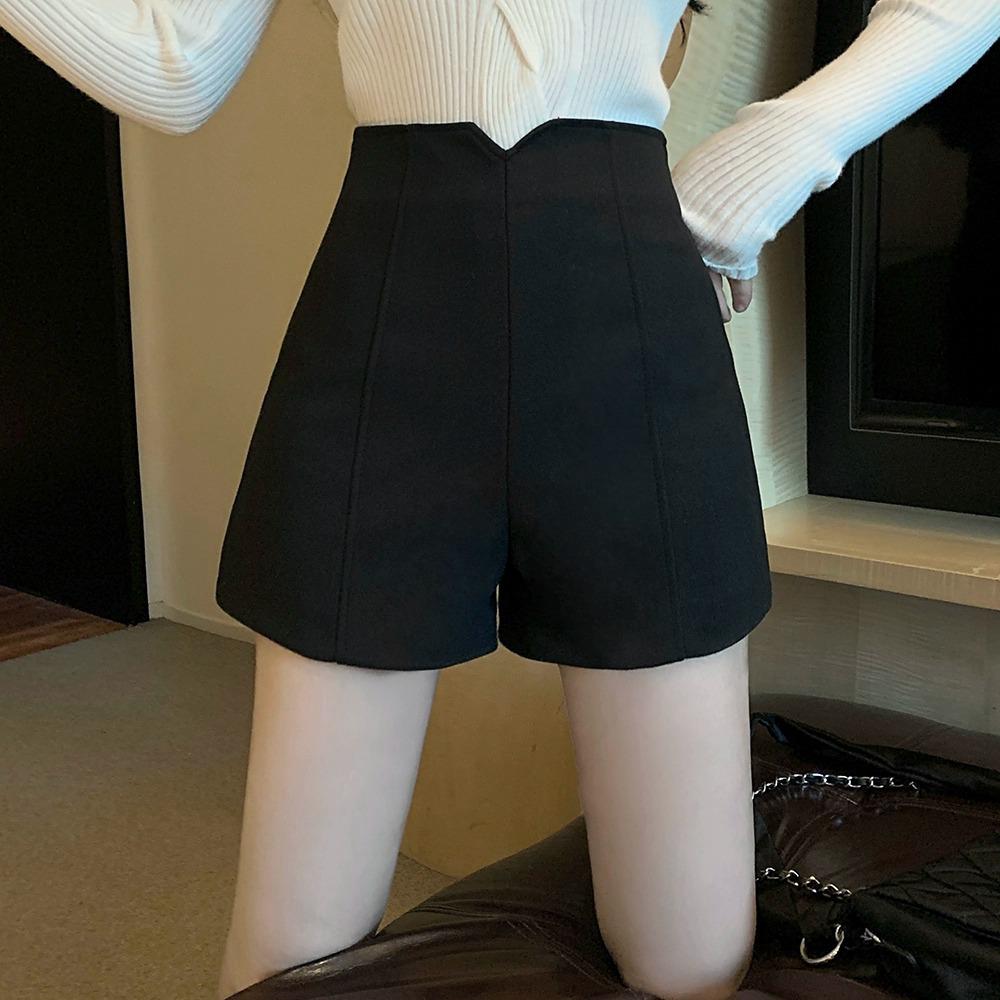 Женские шерстяные шорты с высокой талией - Универсальные осенне-зимние шорты-буткаты черного/абрикосового цвета.