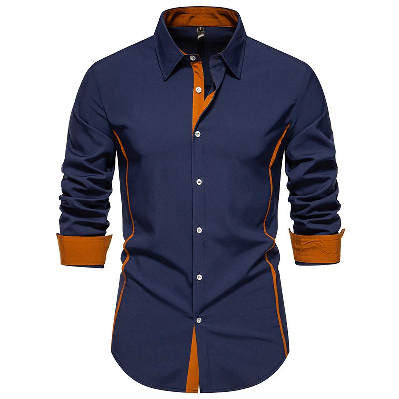 Мужская рубашка с длинным рукавом в стиле business casual, контрастная планка с цветными вставками, длинный рукав