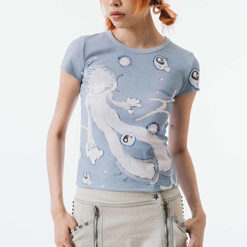 Y2K Street Basic Marine Anime Print Round Neck Slim Fit Short Sleeve T-shirt Top Summer