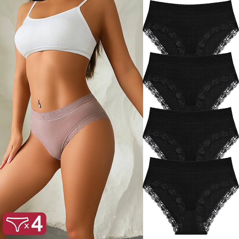4Pcs Lace Plus Size Underwears Women's Sexy Panties High Quality Striped Briefs Girls Solid Sports Comfortable Lingerie