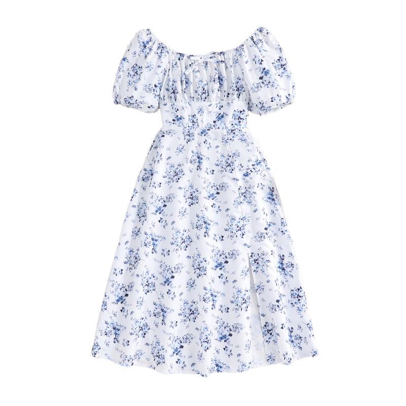 Популярная летняя детская одежда для детей 8, 9, 10, 11, 12 лет, синие платья с цветочным принтом, платье принцессы с короткими рукавами для девочек