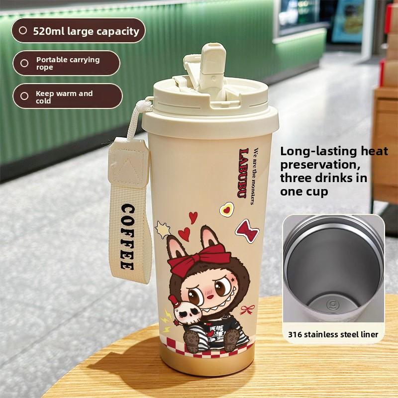 Large Capacity 316 Stainless Steel High Value Double Drink Thermos Cup Seven Labubu Cloth Straw Car Coffee Cup