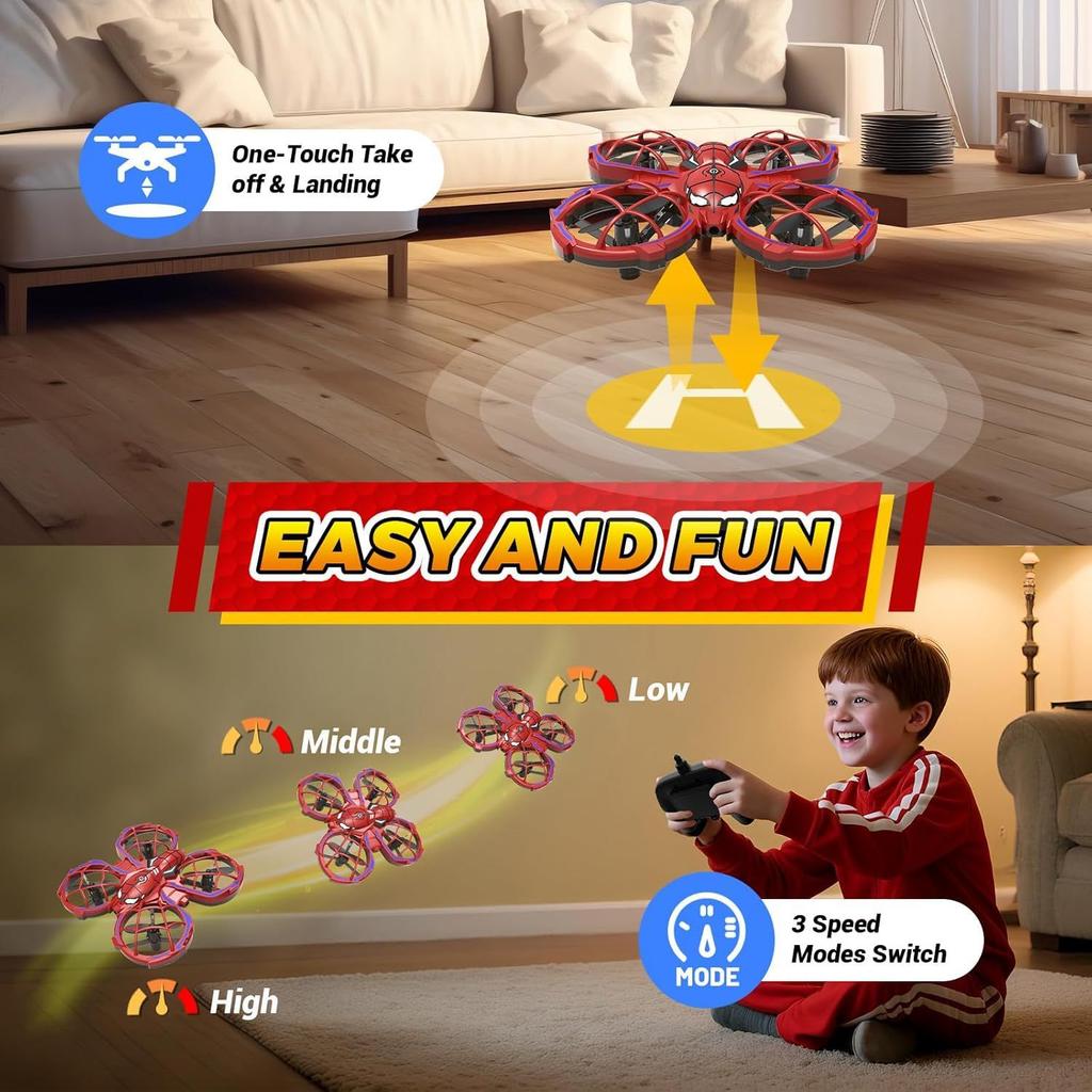 Mini Spider Drone 3-Speed Modes Red, Obstacle Avoidance, Headless Mode, Beginner Flight Training, Kids Gift Toy