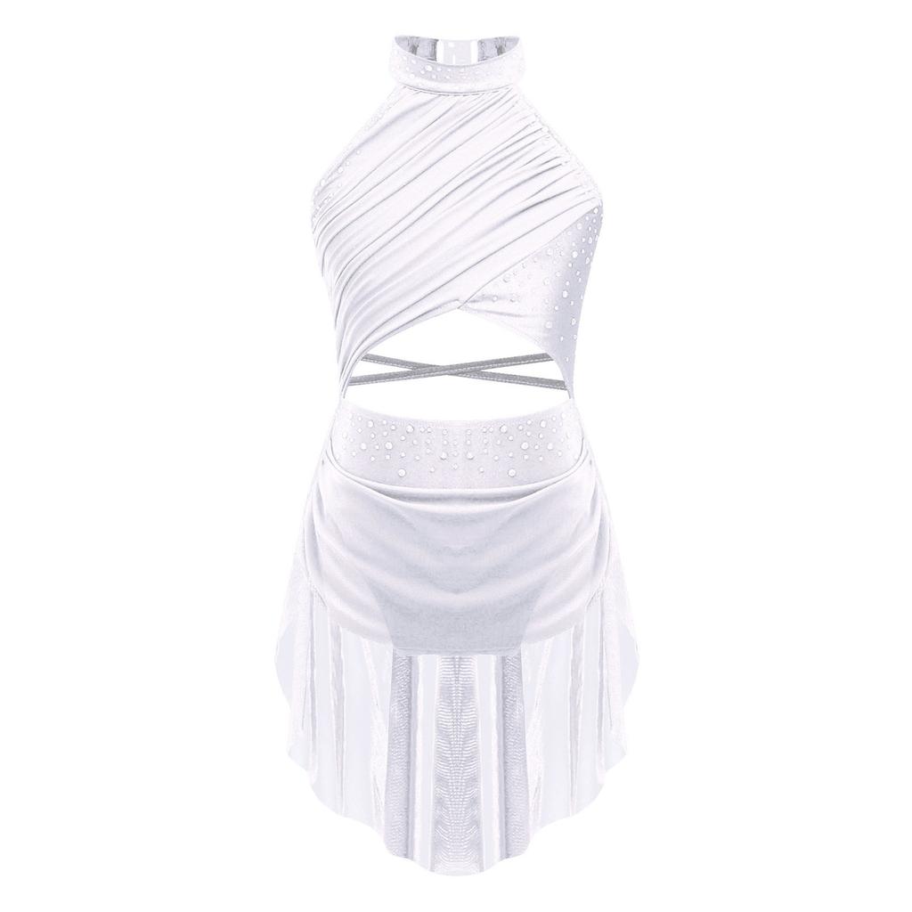 Kids Girls Lyrical Dance Performance Costume Figure Skating Ballet Gymnastics Leotard Dress Sleeveless Rhinestone Dancewear