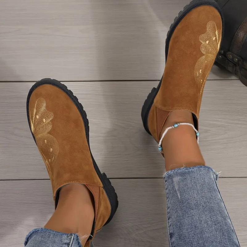Fashion European American Women's Boots 2024 Autumn New Item Large Embroidered Butterfly Short Tube Elastic Women's Bare Boots Sneakers