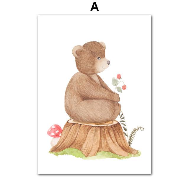 Медведь Кролик Цветок Гриб Лесная Детская Бохо Wall Art Холст Картины Плакаты и Отпечатки Настенные Панно Декор Детской Комнаты Без Рамки