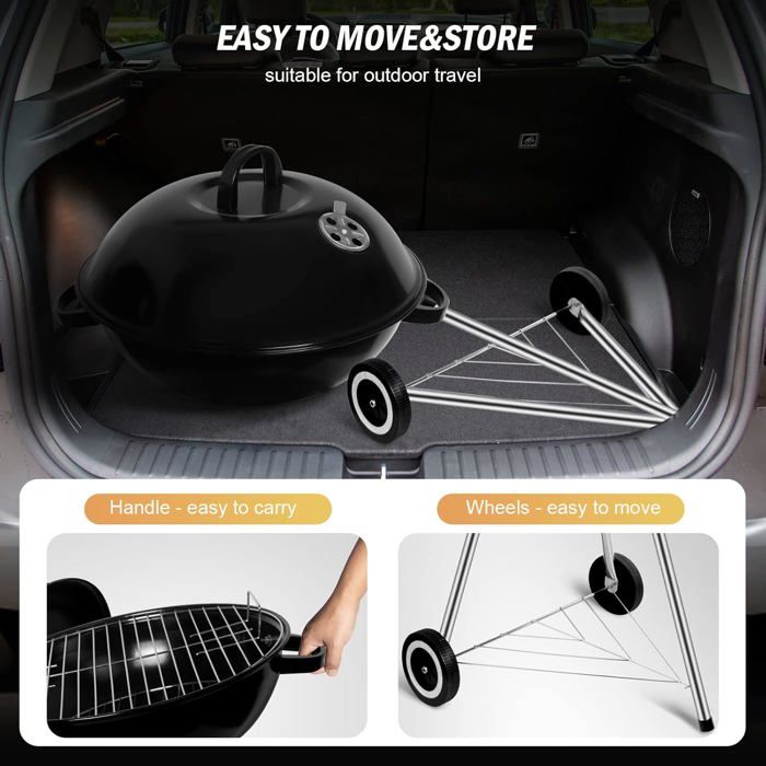 SunJas Barbecue a Charbon Rond, BBQ Mobile Barbecue Grill Portable De Jardin, Avec Couvercle Et 2 Roues - 46 44 70cm